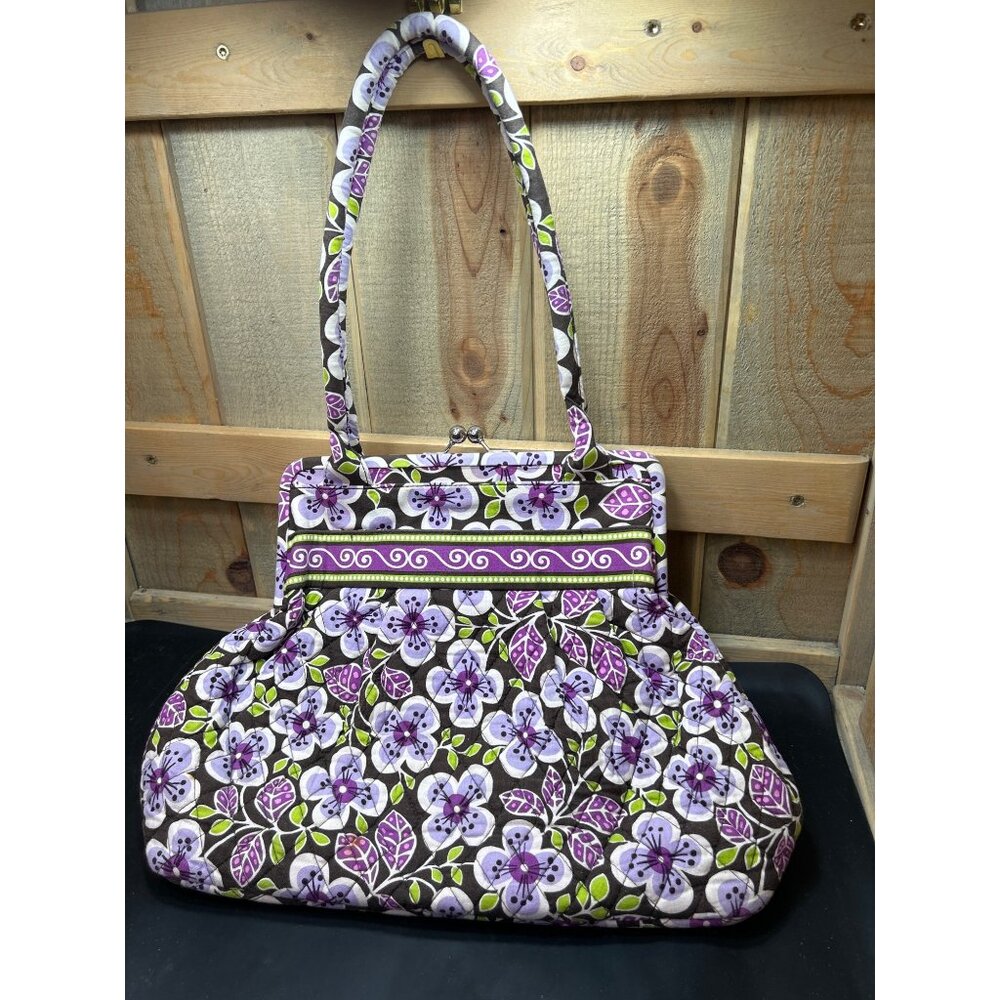 Vera Bradley Floral Print Handbag With Purple & Green Design And Silver Twist Lo